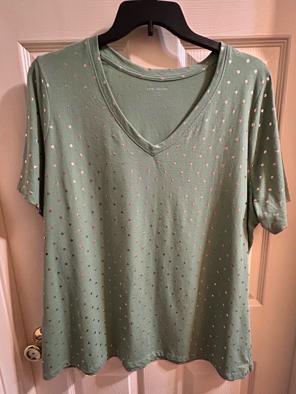 Lane Bryant Sage Green V-Neck Top with Pink Dot Detail